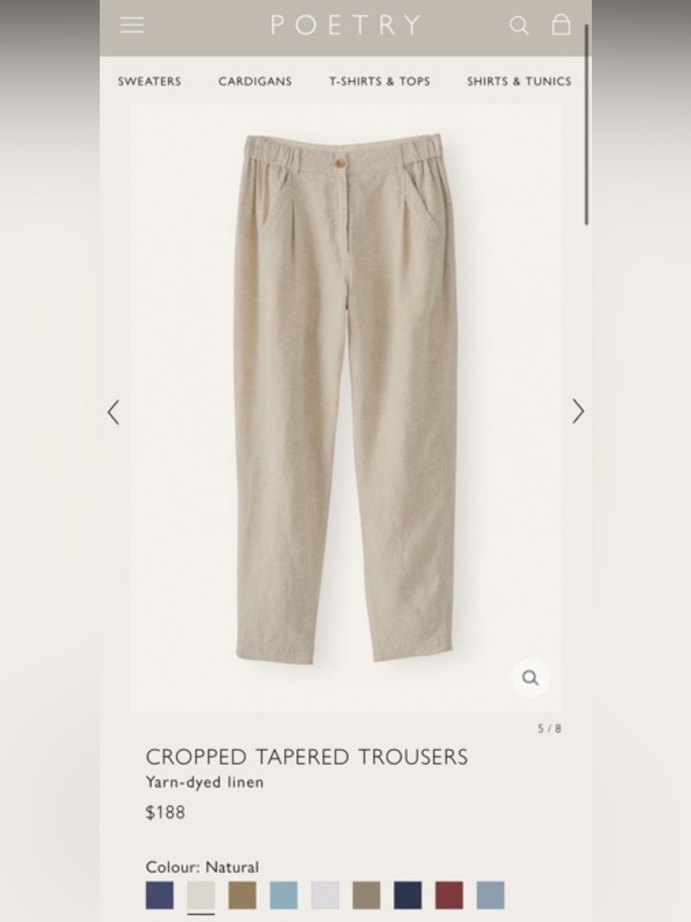 100% linen Poetry Cropped Tapered Trousers in the “Natural” colorway